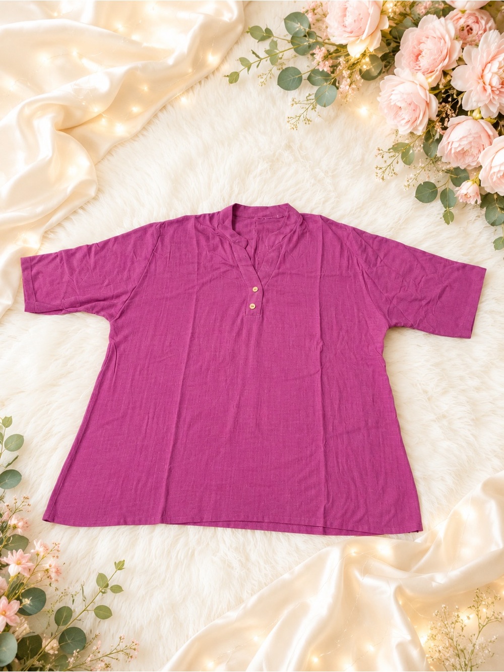 YOLAI  Plum Cotton Linen Top V Neck 3/4 Sleeve Shirt Large